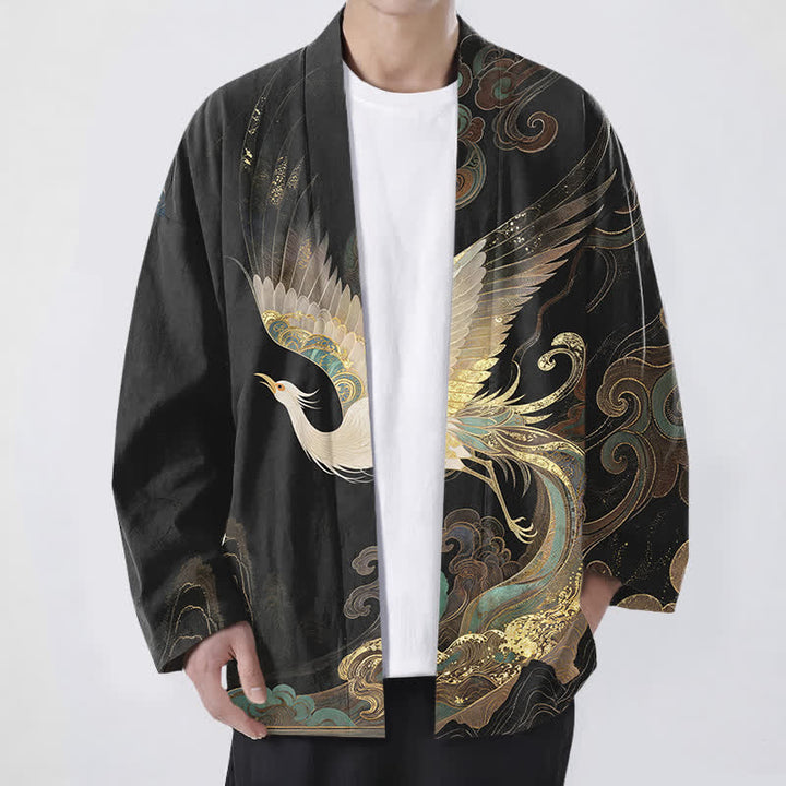 Buddha Stones Katoenen herenkimono met gouden kraanvogelwolkenpatroon en open voorkant. - Zwart - US/UK/AU48, EU58 (4XL) - image 9