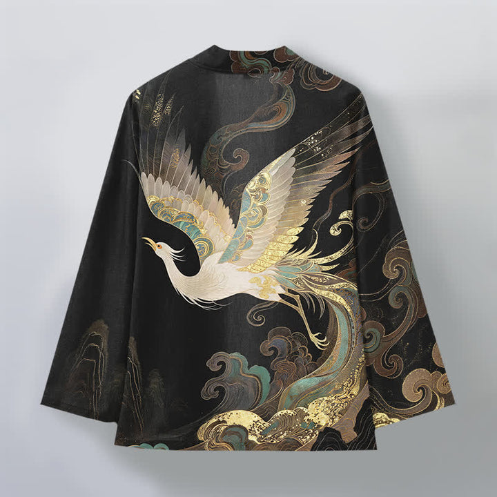 Buddha Stones Katoenen herenkimono met gouden kraanvogelwolkenpatroon en open voorkant. - image 11