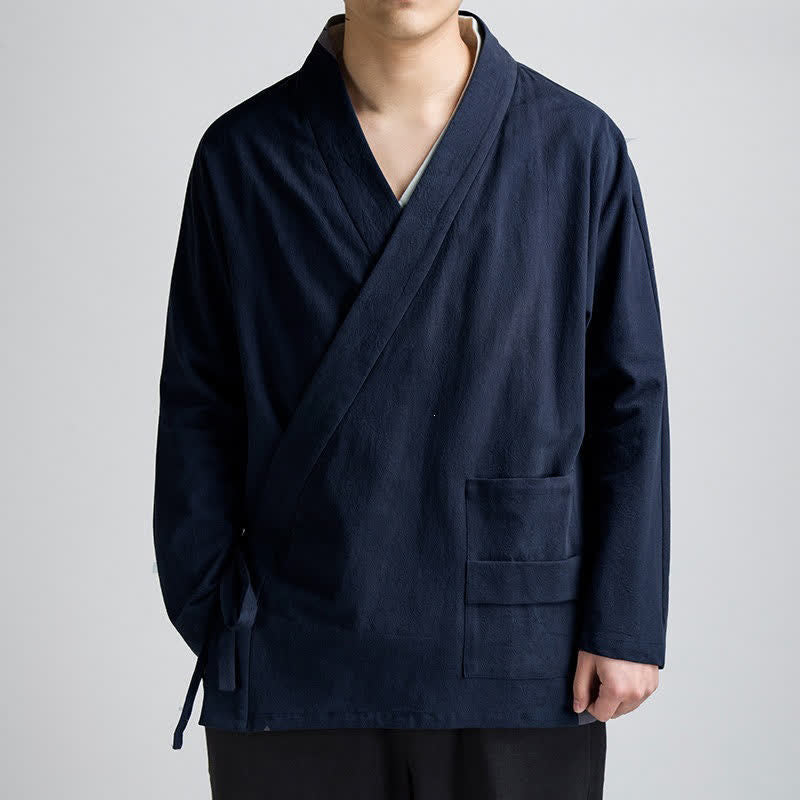Buddha Stones Lente/Herfst Minimalistische Tang-stijl Herenkimono met Trekkoord en Zak - Middernachtblauw - US/UK/AU44, EU54 (4XL) - image 0