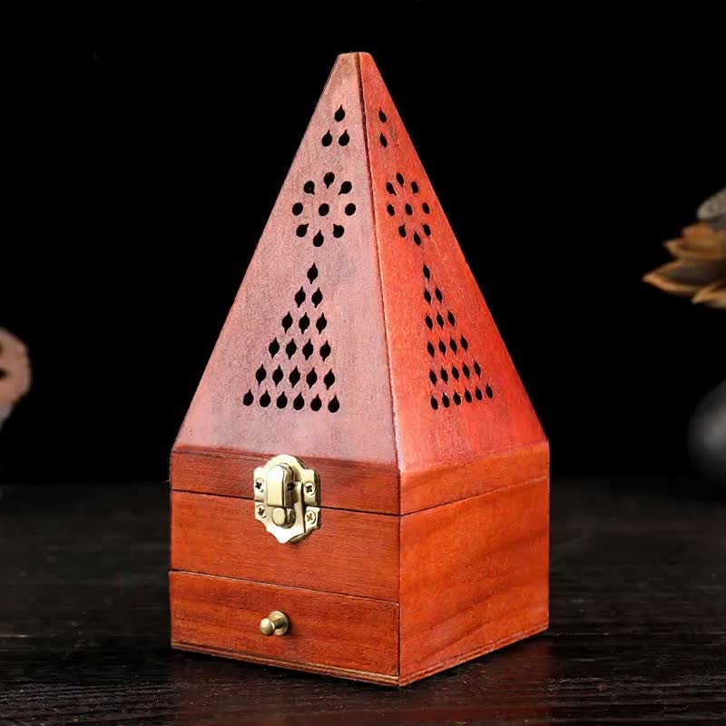 Buddha Stones , vierkante houten rituele doos voor het reinigen en gebruiken van Wierook . - Kleine gaten, hoge driehoekige piramides - image 7