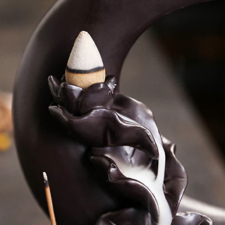 Buddha Stones Paarse klei wierookbrander met halve maan, lotus en Wierook. - image 10