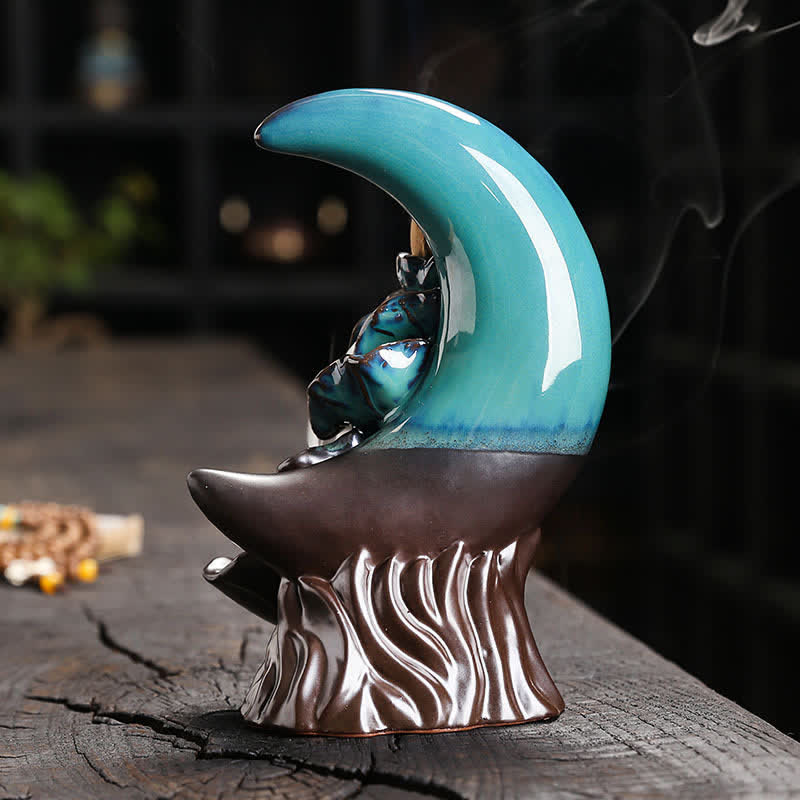 Buddha Stones Paarse klei wierookbrander met halve maan, lotus en Wierook. - image 1
