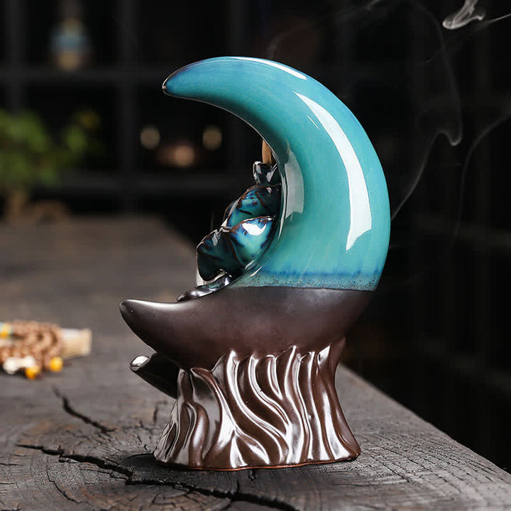 Buddha Stones Paarse klei wierookbrander met halve maan, lotus en Wierook. - image 1