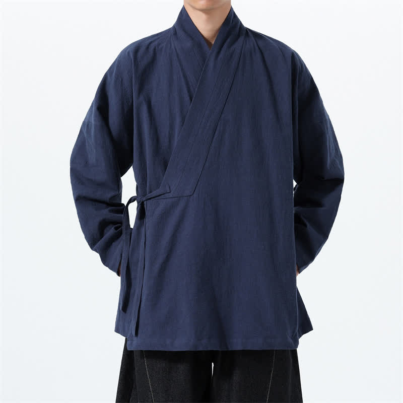 Buddha Stones Eenvoudige herenkimono in Tang-stijl met trekkoord en zakje, geschikt voor de herfst en winter, van effen katoen. - Marine - US/UK/AU46, EU56 (5XL) - image 0