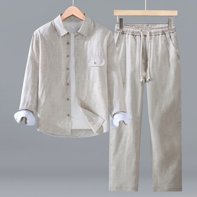 Buddha Stones Lente/Herfst Casual Minimalistisch Overhemd met Lange mouw en Knoopsluiting, Broek met Trekkoord, Effen Herenkleding voor Meditatie met Zak - Beige - US/UK/AU42, EU52 (3XL) - image 1