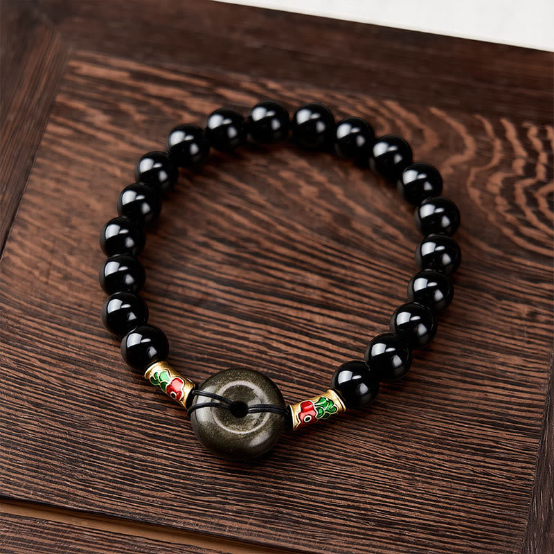 Buddha Stones Gouden Obsidiaan Vredesgesp Zwarte Obsidiaan Koi Vis Armband met Ronde Kralen - image 1