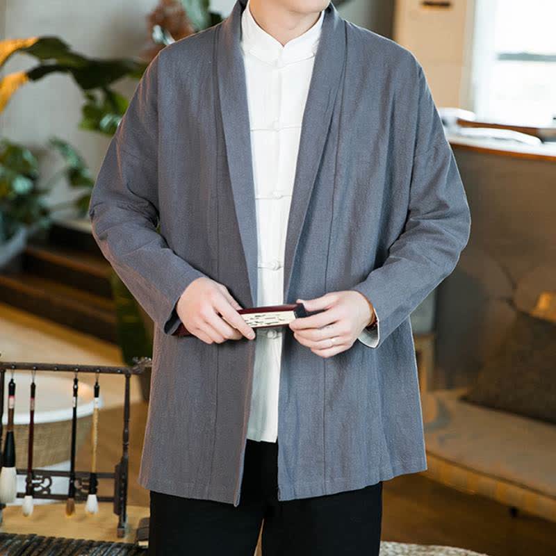 Buddha Stones Casual herenkimono met Lange mouw in Tang-stijl, effen katoen, voor de herfst en winter. - image 1