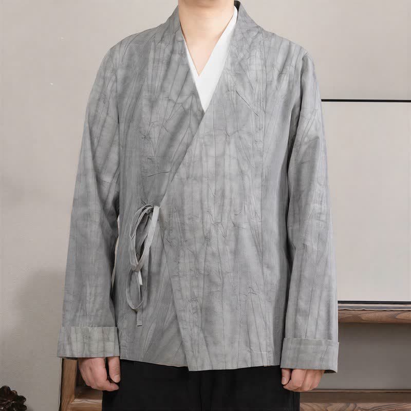 Buddha Stones Minimalistische herenkimono met Lange mouw in Tang-stijl met trekkoord, effen katoen. - Zilver - US/UK/AU44, EU54 (4XL) - image 0