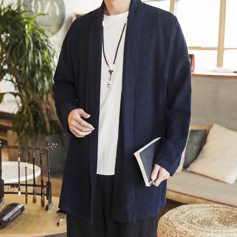 Buddha Stones Casual minimalistische gebreide kimono met Lange mouw voor heren, geschikt voor de herfst en winter. - Middernachtblauw - US/UK/AU42, EU52 (3XL) - image 0