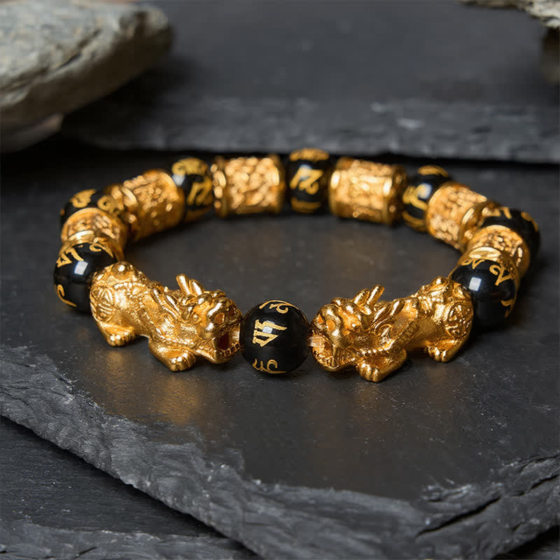 Buddha Stones Zwarte gouden Armband Xiu Om Mani Padme Hum armband met ronde kralen - Pi Xiu- Armband (Polsomtrek: 17-18 cm) - image 0