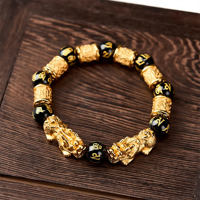 Buddha Stones Zwarte gouden Armband Xiu Om Mani Padme Hum armband met ronde kralen - image 1