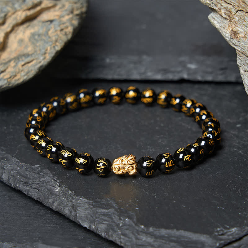 Buddha Stones Zwarte onyx Om Mani Padme Hum kralen van legering Pi Xiu Armband - Zwarte onyx (Polsomtrek: 14-15 cm) - image 0