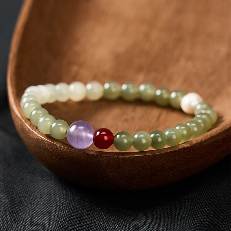 Buddha Stones Armband met ronde kralen van natuurlijke Hetian-jade met een gelukseffect en kleurverloop. - Hetian-jade (Polsomtrek: 14-15 cm) - image 0