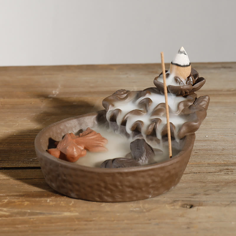 Buddha Stones Paarse klei Wierook met koi-vis, lotusbloem en vredesmotief. - image 2