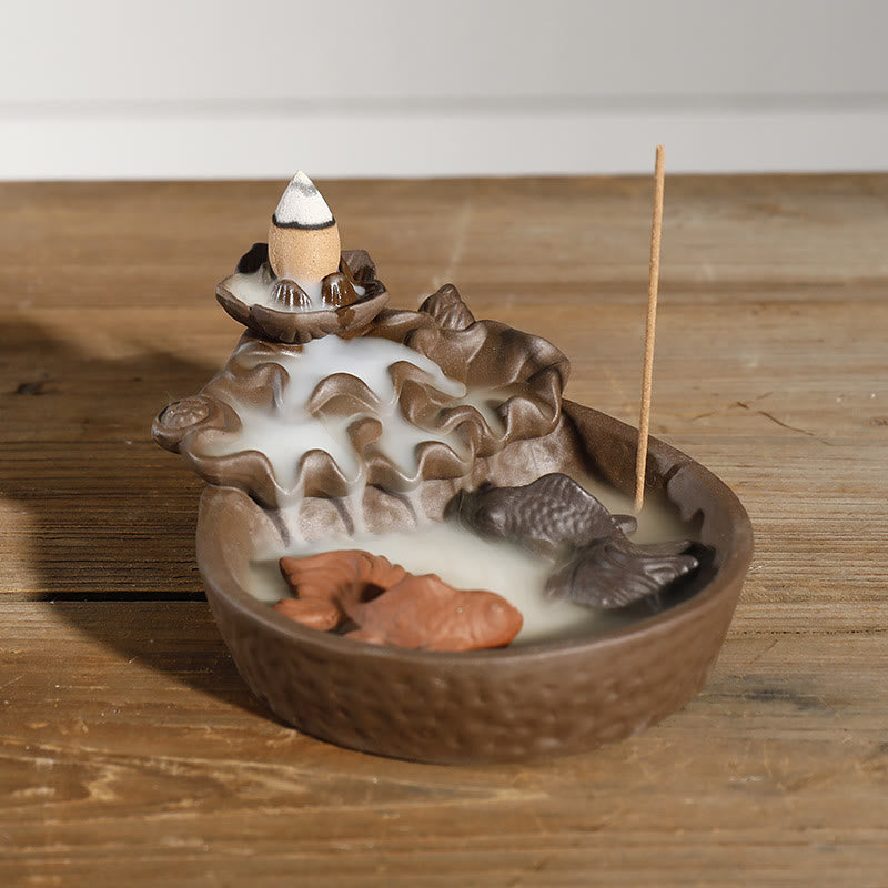 Buddha Stones Paarse klei Wierook met koi-vis, lotusbloem en vredesmotief. - Paarse klei (Rustig ♥ Genezend) - image 0