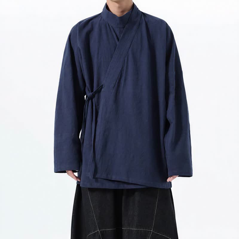 Buddha Stones Casual herenkimono met Lange mouw en Mandarin kraag in Tang-stijl voor de herfst en winter, effen katoen. - Middernachtblauw - US/UK/AU46, EU56 (5XL) - image 0