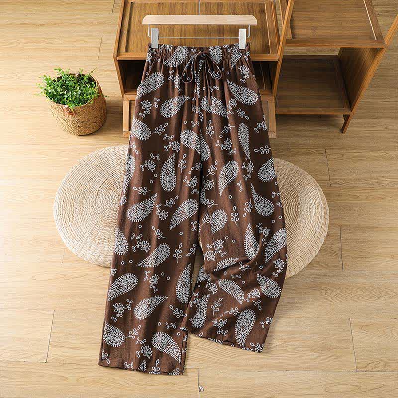 Buddha Stones Casual bohemian broek met trekkoord en paisleyprint voor dames, Enkellengte broek met rechte pijpen en zakken, lente/zomer - Zadelbruin - US8-10, UK/AU12-14, EU40-42 (2XL) - image 0