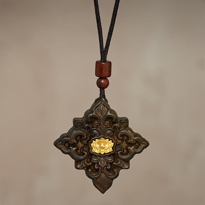Buddha Stones Ketting met lotusmotief van sappanhout, vierkantvormig, symbool voor verlichting. - image 2