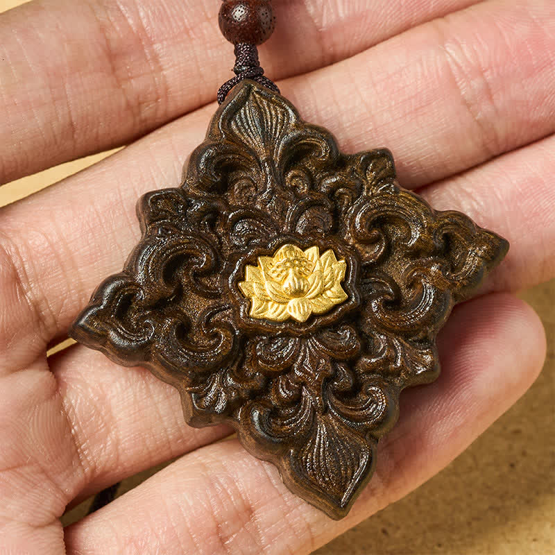 Buddha Stones Ketting met lotusmotief van sappanhout, vierkantvormig, symbool voor verlichting. - image 4