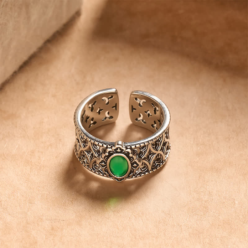 Buddha Stones Vintage groene agaat balans gegraveerde open Ring - image 2