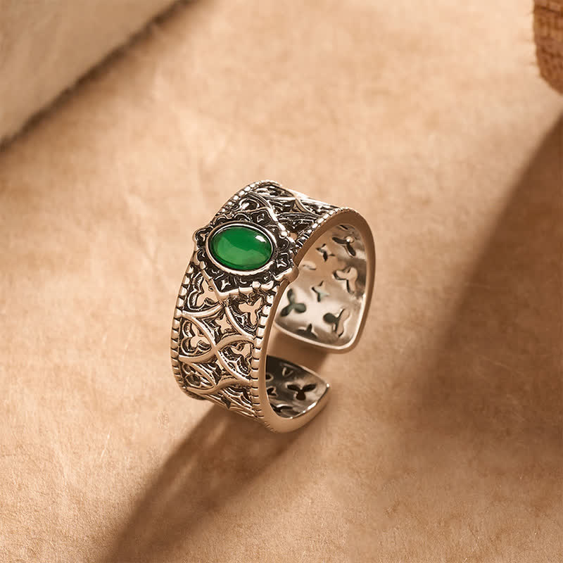 Buddha Stones Vintage groene agaat balans gegraveerde open Ring - image 1