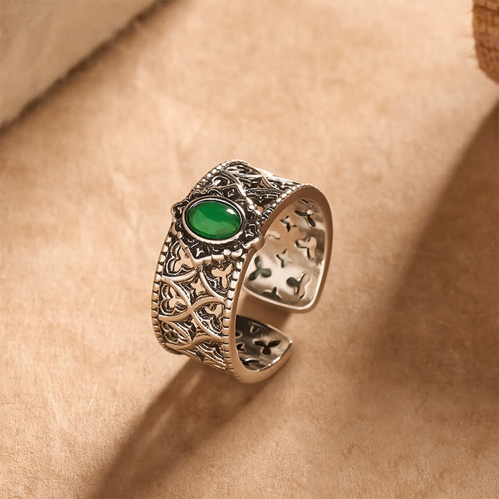 Buddha Stones Vintage groene agaat balans gegraveerde open Ring - image 1