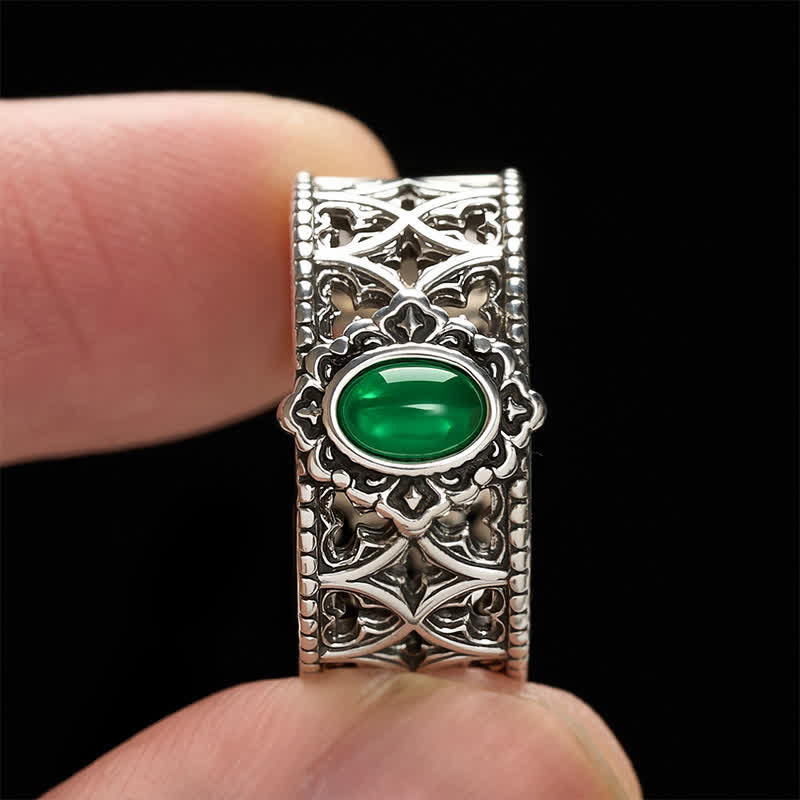 Buddha Stones Vintage groene agaat balans gegraveerde open Ring - image 3