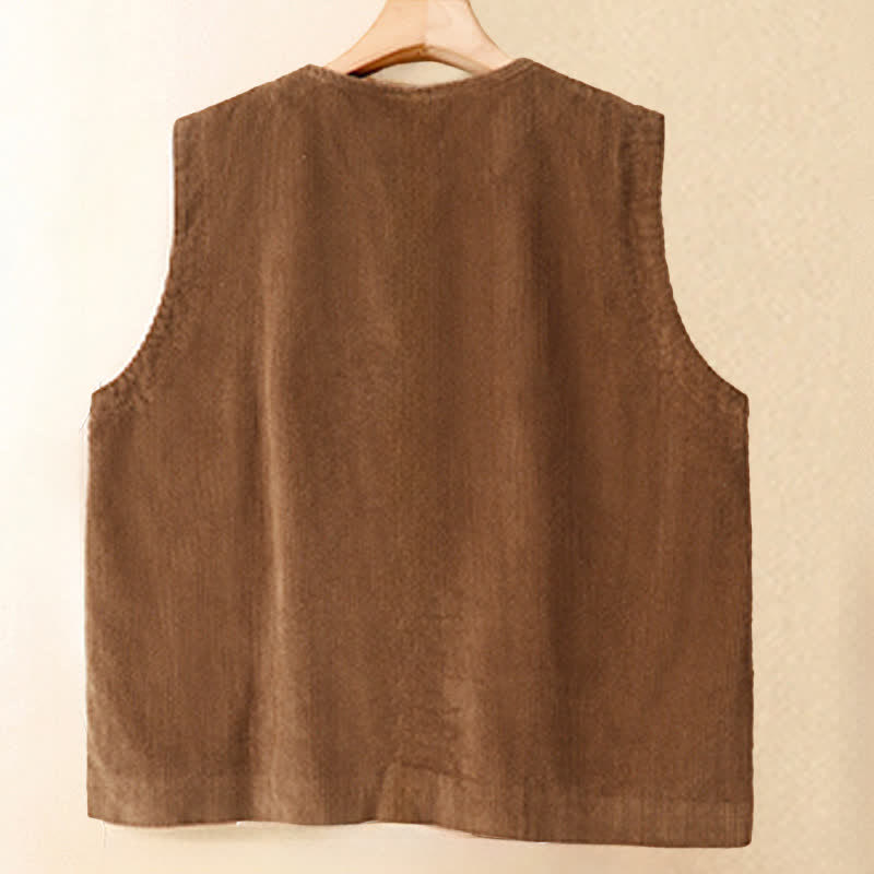 Buddha Stones Casual vintage tanktop met knoopsluiting en Zakken voor dames, effen corduroy, geschikt voor de herfst en winter. - image 1