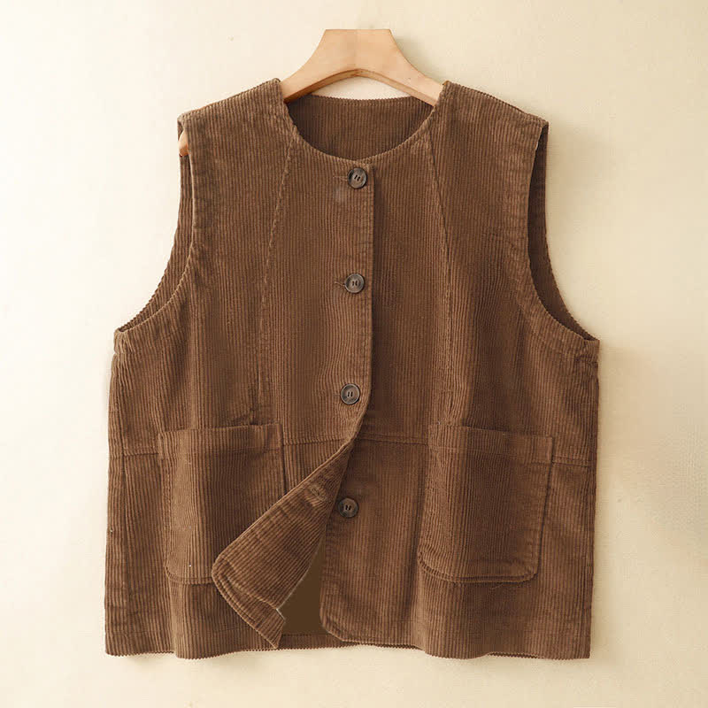 Buddha Stones Casual vintage tanktop met knoopsluiting en Zakken voor dames, effen corduroy, geschikt voor de herfst en winter. - Zadelbruin - US8-10, UK/AU12-14, EU40-42 (2XL) - image 0