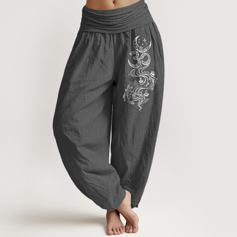 Buddha Stones Harembroek voor dames met elastische Taille en heilig maanmotief (Om-patroon) van 100% Cotton - Donkergrijs - US16, UK/AU20, EU48 (3XL) - image 0