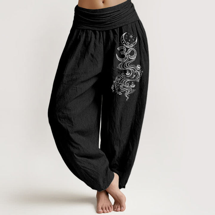 Buddha Stones Harembroek voor dames met elastische Taille en heilig maanmotief (Om-patroon) van 100% Cotton - Zwart - US16, UK/AU20, EU48 (3XL) - image 5