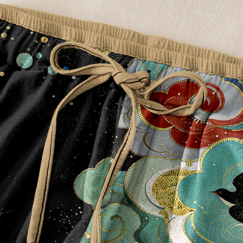Buddha Stones Elegante damesbroek van 100% Cotton met fenikswolkenpatroon, elastische Taille en Zakken. - image 1