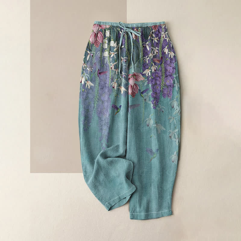 Buddha Stones Damesbroek van 100% Cotton met bloemen- en vogelprint, elastische Taille en Zakken. - Turkoois - US16, UK/AU20, EU48 (3XL) - image 0