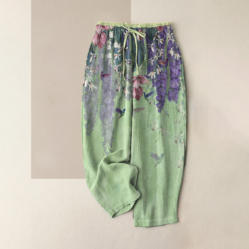 Buddha Stones Damesbroek van 100% Cotton met bloemen- en vogelprint, elastische Taille en Zakken. - Lichtgroen - US16, UK/AU20, EU48 (3XL) - image 3