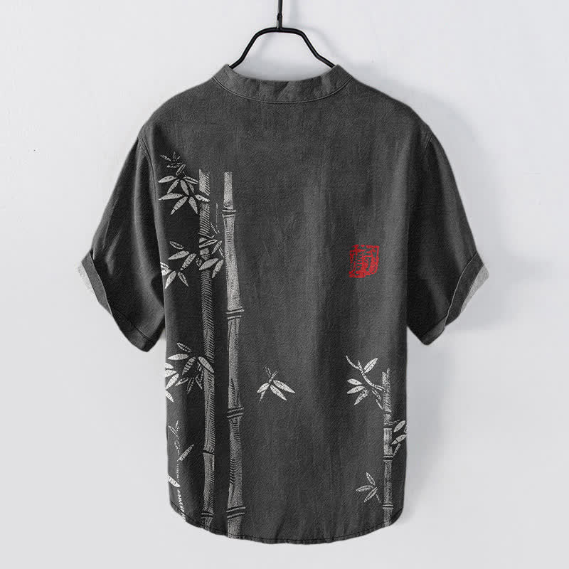 Buddha Stones Katoenen herenoverhemd met bamboeprint, Korte mouw en halve knoopsluiting. - image 1