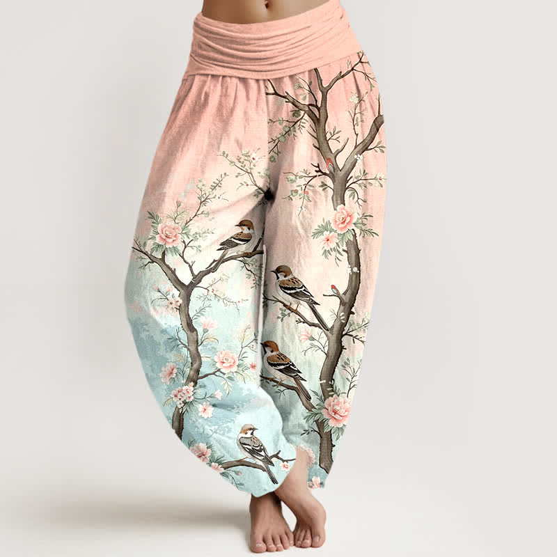 Buddha Stones Dames harembroek met elastische Taille en oosters bloesem-, vogel- en takkenpatroon van katoen - Lichtroze - US16, UK/AU20, EU48 (3XL) - image 0