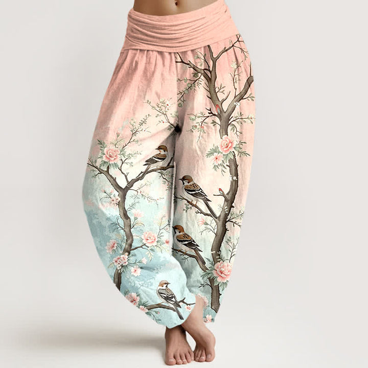 Buddha Stones Dames harembroek met elastische Taille en oosters bloesem-, vogel- en takkenpatroon van katoen - Lichtroze - US16, UK/AU20, EU48 (3XL) - image 0