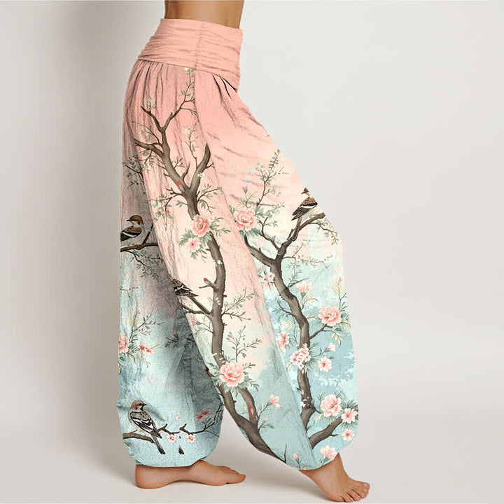 Buddha Stones Dames harembroek met elastische Taille en oosters bloesem-, vogel- en takkenpatroon van katoen - image 1
