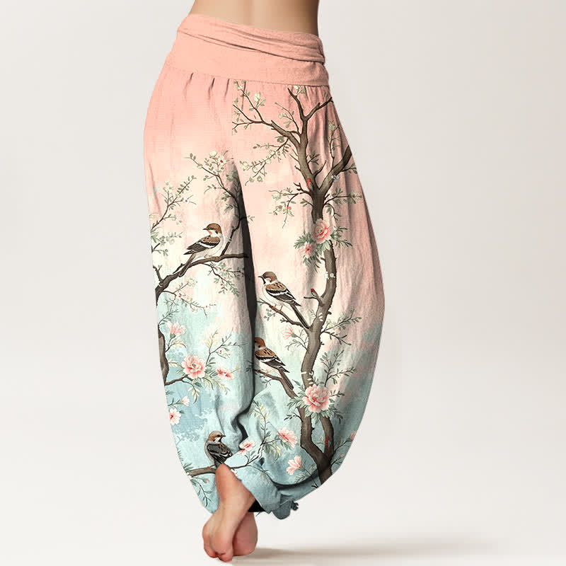 Buddha Stones Dames harembroek met elastische Taille en oosters bloesem-, vogel- en takkenpatroon van katoen - image 2