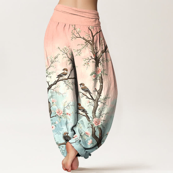 Buddha Stones Dames harembroek met elastische Taille en oosters bloesem-, vogel- en takkenpatroon van katoen - image 2