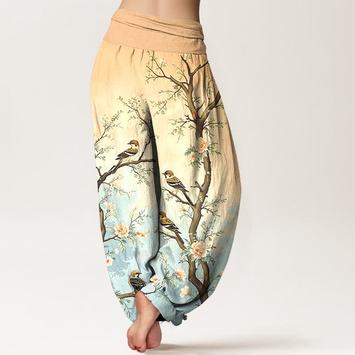 Buddha Stones Dames harembroek met elastische Taille en oosters bloesem-, vogel- en takkenpatroon van katoen - image 7