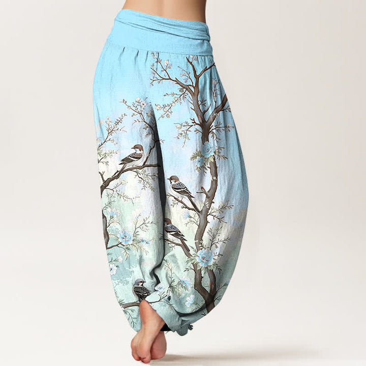 Buddha Stones Dames harembroek met elastische Taille en oosters bloesem-, vogel- en takkenpatroon van katoen - image 10