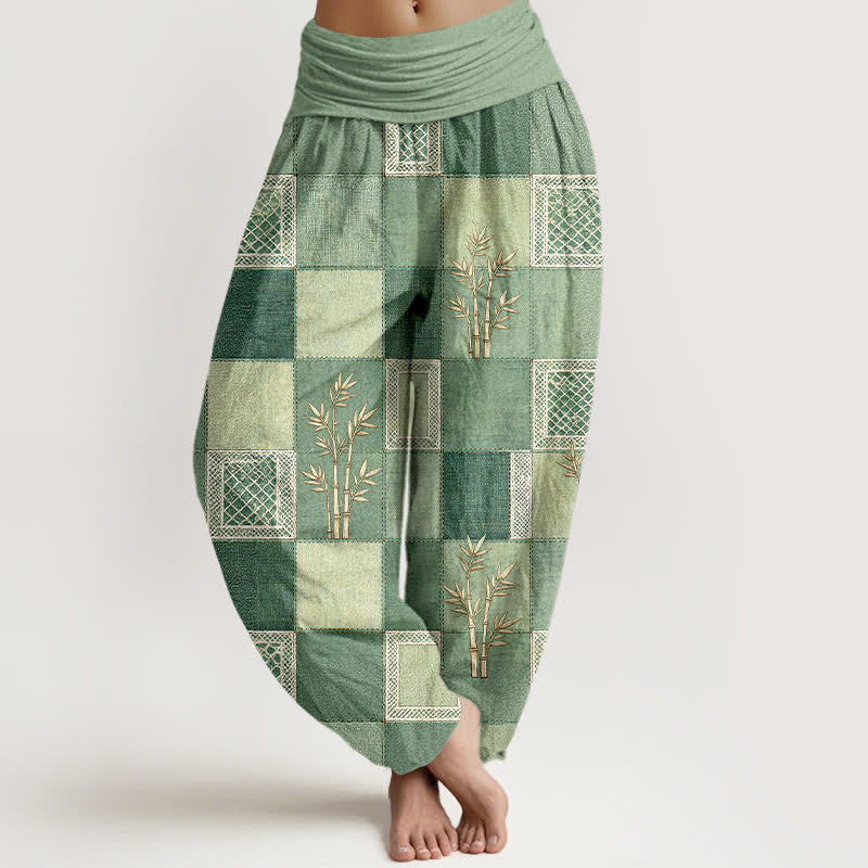 Buddha Stones Dames harembroek met elastische Taille en patchworkpatroon van katoen en bamboe - Lichtgroen - US16, UK/AU20, EU48 (3XL) - image 0