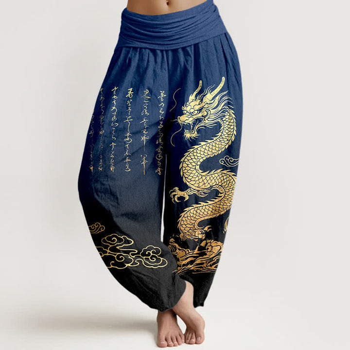 Buddha Stones Dames harembroek met elastische Taille en gouden drakenwolkenpatroon van katoen - Marine - US16, UK/AU20, EU48 (3XL) - image 0