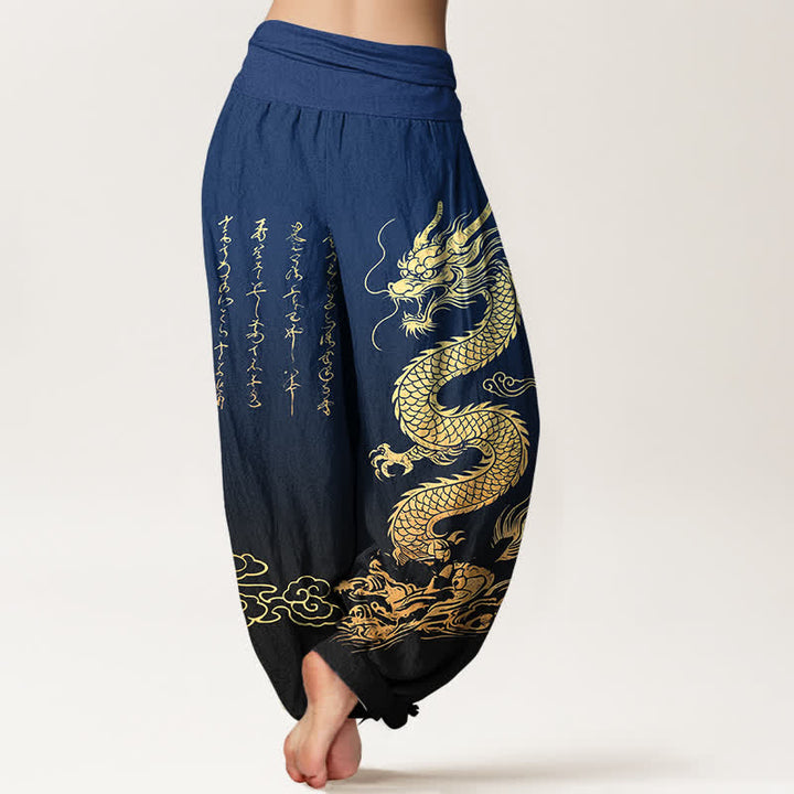 Buddha Stones Dames harembroek met elastische Taille en gouden drakenwolkenpatroon van katoen - image 2