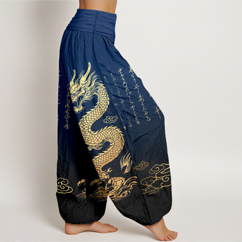Buddha Stones Dames harembroek met elastische Taille en gouden drakenwolkenpatroon van katoen - image 1