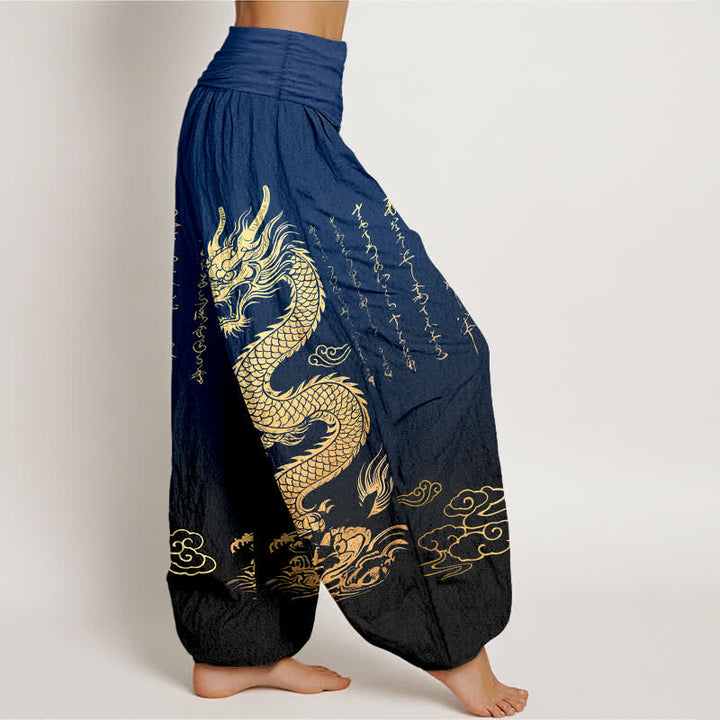 Buddha Stones Dames harembroek met elastische Taille en gouden drakenwolkenpatroon van katoen - image 1