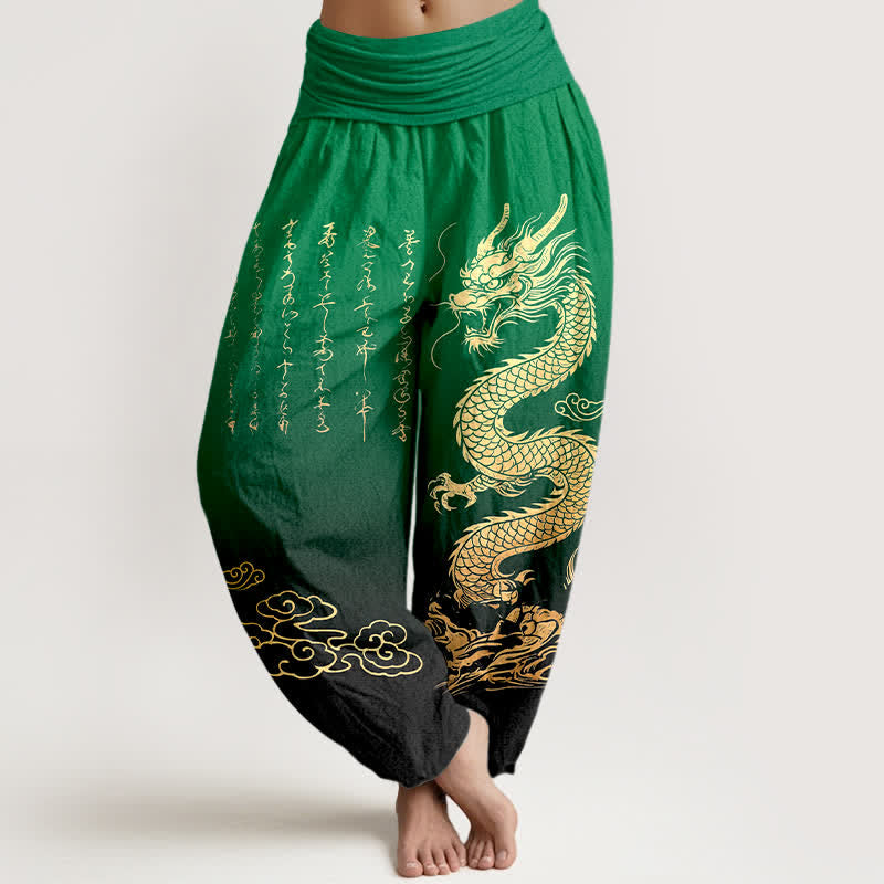Buddha Stones Dames harembroek met elastische Taille en gouden drakenwolkenpatroon van katoen - Groente - US16, UK/AU20, EU48 (3XL) - image 5