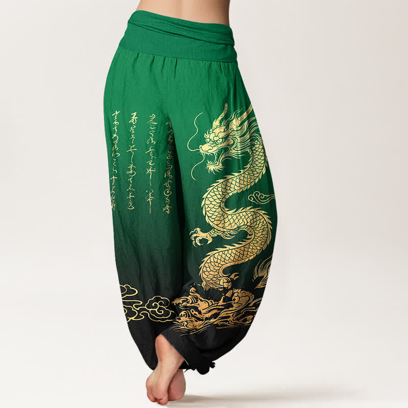 Buddha Stones Dames harembroek met elastische Taille en gouden drakenwolkenpatroon van katoen - image 7