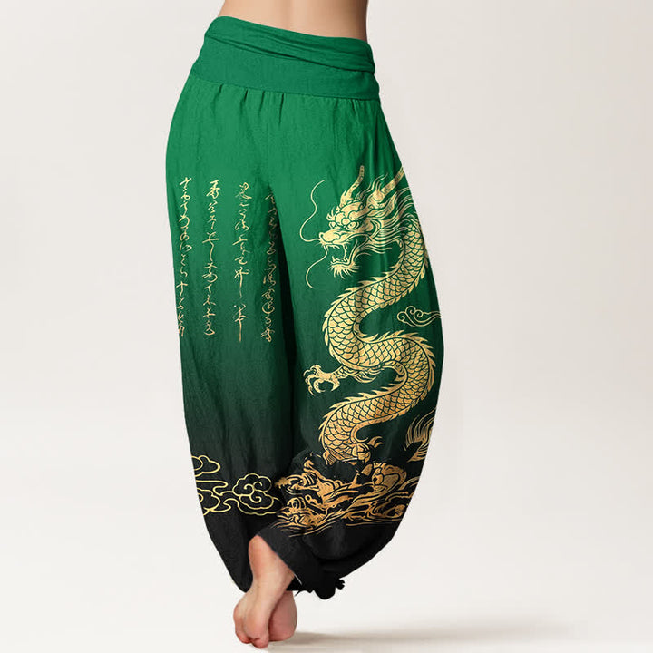 Buddha Stones Dames harembroek met elastische Taille en gouden drakenwolkenpatroon van katoen - image 7